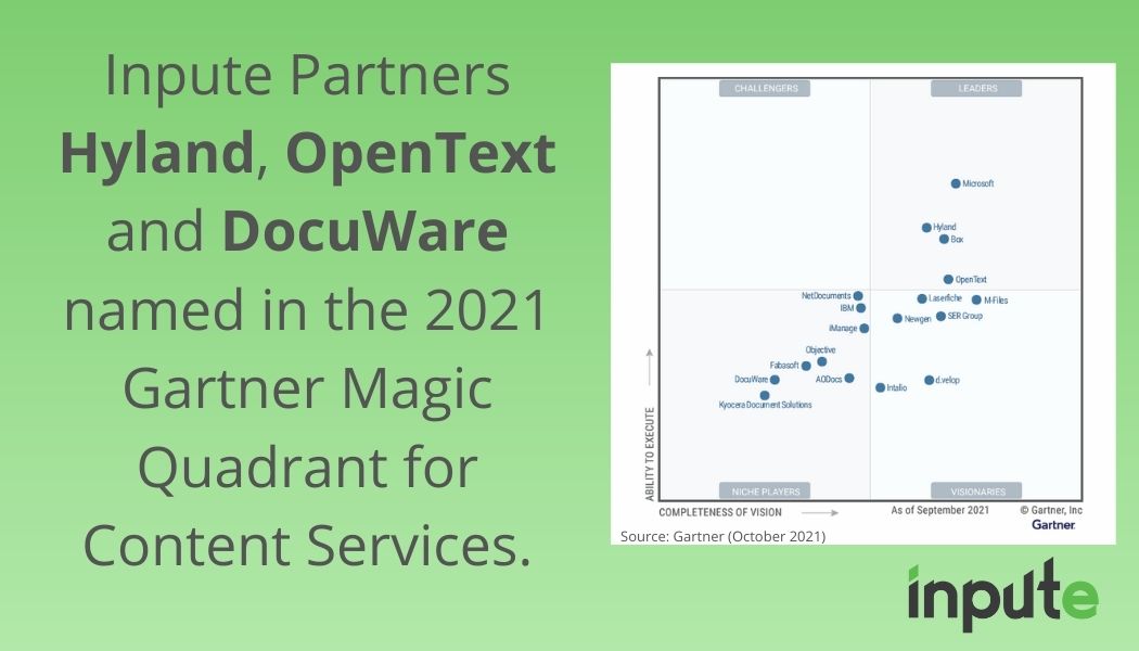 Inpute Partners Hyland, OpenText and DocuWare named in the 2021 Gartner Magic Quadrant for Content Services.